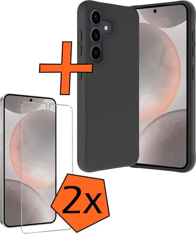 Hoes - Met 2x Screenprotector - Geschikt voor Samsung Galaxy S24 - Sterk & Shockproof - Back Cover - Siliconen Case - Telefoon Hoes - Zwart