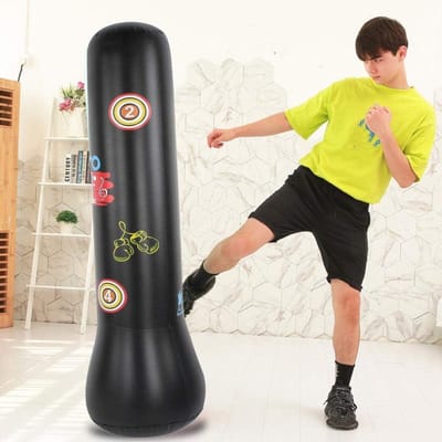 Opblaasbare Bokszak voor Volwassenen en Kinderen - Boksen Ponsen Zandzak Dikker - Vrijstaande Tumbler Fitness Stress Release - Zwart 15M