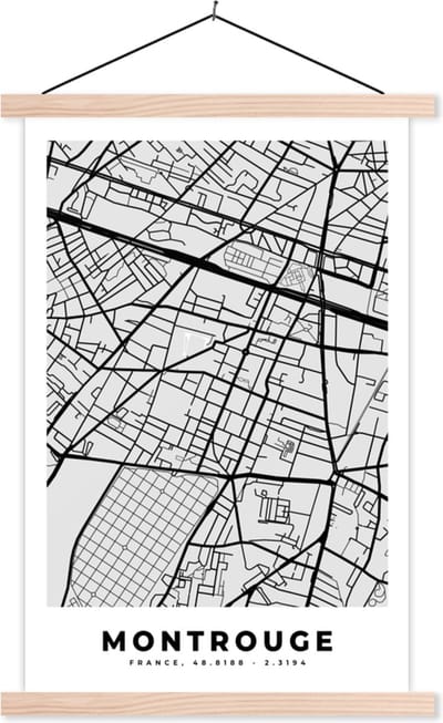 Posterhanger incl. Poster 40x60 cm - Schoolplaat - Frankrijk – Montrouge – Stadskaart – Plattegrond – Kaart - Textielposter - Blanke latten - Stadskaart