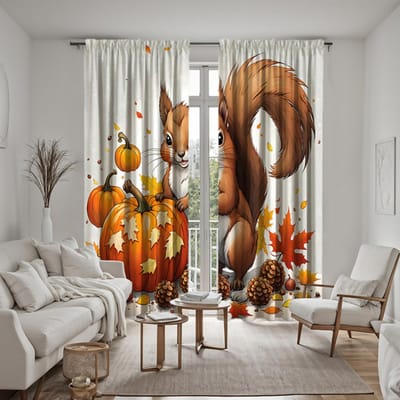 2-delige set HD Thanksgiving Pine pompoen decoratief gordijn Geel lint digitaal bedrukt gordijn Woondecoratie stijl Decoratie livin W52H63inchW132H160cm white