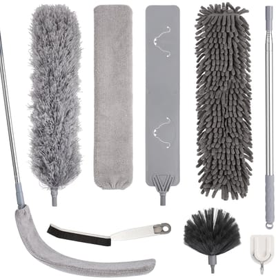 7 stuks plumeau telescopisch, lang uittrekbaar, tot 213 cm, spinnenwebverwijderaar, wasbaar, microvezel, stofwisser met haken, voor plafond, gaten, spinnenwebben