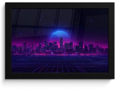 Poster in lijst - Fotolijst 30x20 cm - Posters - Skyline - Zon - Neon - Rasterpatroon - Posterlijst zwart - Decoratie - Wanddecoratie woonkamer - Muurdecoratie slaapkamer