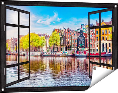 Gards Tuinposter Doorkijk Amsterdamse Huisjes aan het Water - 90x60 cm - Tuindoek - Tuindecoratie - Wanddecoratie buiten - Tuinschilderij