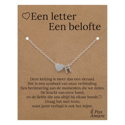 Letter H ketting op Cadeau Kaartje - Een letter, een belofte - 45cm Zilverkleurig Stainless Steel - Initiaal & Hartje Hanger - Pax Amare