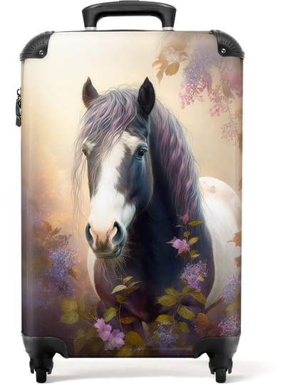 NoBoringSuitcases.com - Kinderkoffer - Paard - Natuur - Dieren - Bloemen - Paars - Past binnen 55x40x20 cm en 55x35x25 cm - Handbagage - Trolley op wieltjes - Reiskoffer met wielen - Rolkoffer - Kindertrolley meisje - Koffer kinderen