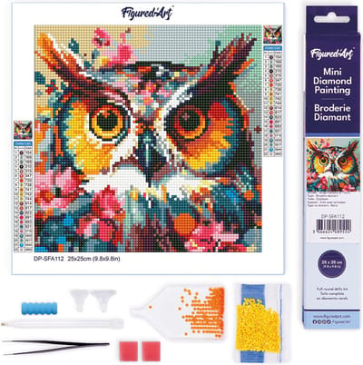 Figured'Art Mini Diamond Painting set Volwassenen 25x25 cm Modieuze uil met bloemen - 5D DIY Art full drill ronde diamant - Opgerold canvas