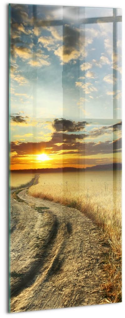 Wallfluent Glasschilderij - Onverharde weg en zonsondergang Glas Foto - 50x125 cm - Bruin Verticale Muurschildering - Landschap Glazen Schilderij - Foto Op Glas - Foto Schilderij Op Glas