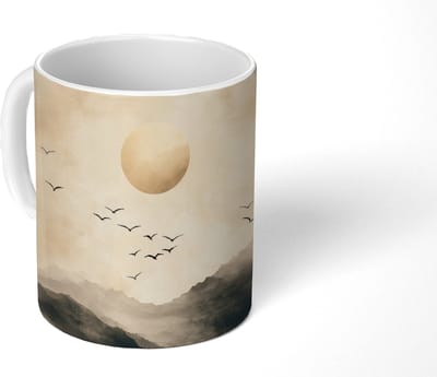 Mok - Koffiemok - Landschap - Japandi - vogel - Mokken - 350 ML - Beker - Koffiemokken - Theemok