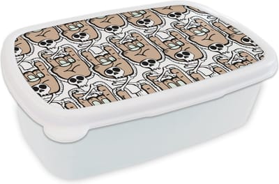 Broodtrommel Wit - Lunchbox - Brooddoos - Tiener - Skull - Hand - Patronen - 18x12x6 cm - Volwassenen