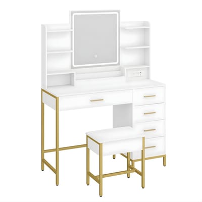Kaptafel – Voor Slaapkamer & Dressing – Met Spiegel, LED-Verlichting, Stopcontact en USB, 5 Lades en Open Opbergruimte – Wit