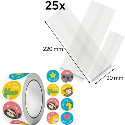 25x Uitdeelzakjes met Dieren stickers met tekst | 220 x 90 mm | Traktatiezakjes | Kinderfeestje | Cellofaanzakjes | Cadeauzakjes | Snoepzakjes | Plastic Zakjes | Uitdeelzakjes kinderen | Cadeauzakjes Kinderen | Verpakkingszakjes Uitdeelcadeaus