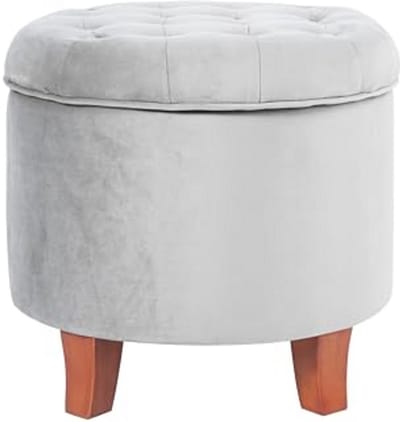 Moderne ronde tufted opbergvoetenbank in grijs fluweel