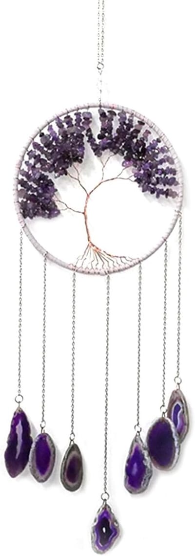 Handgemaakte Amethist Windklok met Levensboom van Natuursteen, Edelsteen Tuindecoratie en Muurornament voor Binnen en Buiten, Unieke Kristal Accessoire