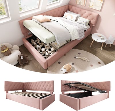 Gestoffeerd slaapbank 90x190cm, slaapbank met hydraulische opbergruimte, kinderbed, jeugdbedframe met lattenbodem van hout, fluweel, roze, zonder matras.