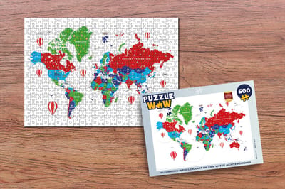 Puzzel Wereldkaart - Kleuren - Luchtballon - Legpuzzel - Puzzel 500 stukjes