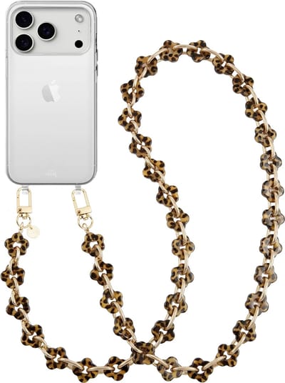 xoxo Wildhearts siliconen hoesje geschikt voor iPhone 17 Pro Max - Leopard Flowers (lang koord) - Telefoonhoesje - Hoesje met koord - Bloemen koord met luipaardprint - Lang telefoonkoord - Transparant hoesje