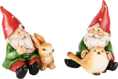 Dekoratief | Tuinkabouter zittend m/bunny/vogel, resina, 10x10x12cm, set van 2 stuks | A245152