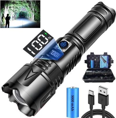 , Zaklampen LED Oplaadbare USB-C, Super Heldere 500000 Lumen LED Zaklamp, Krachtige Zaklamp op Batterijen voor Noodcamping, Zoombaar, Waterdicht, 5 Modi (5000mAh batterij) [Energieklasse A+]