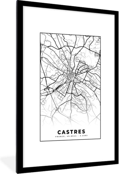 Fotolijst incl. Poster Zwart Wit- Frankrijk - Kaart - Castres - Plattegrond - Stadskaart - Zwart wit - 80x120 cm - Posterlijst