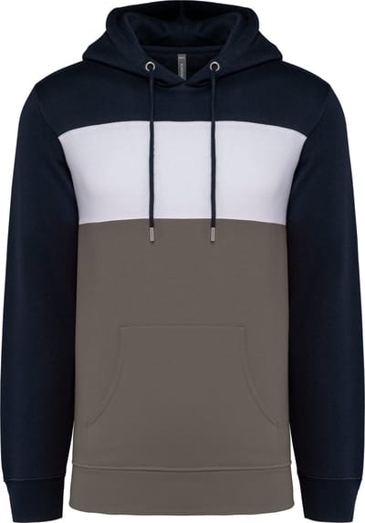 Driekleurige unisex hoodie met capuchon merk Kariban Donkerblauw/Wit/Basalt - L