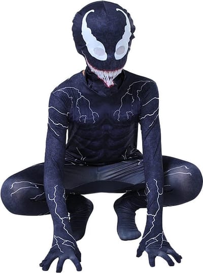 Superheldendroom - Symbioot Kostuum – Zwart‑Stijl – Stretch - Leathal protector - 104 (3/4 Jaar) - Verkleedkleding - Superheldenpak - Actieheld - Carnaval