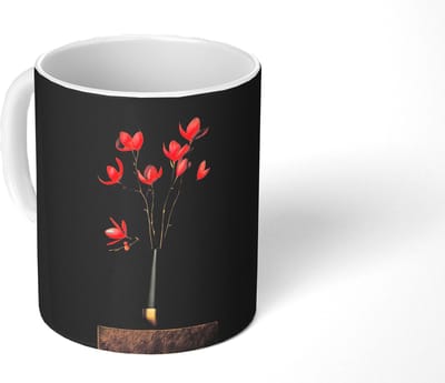 Mok - Koffiemok - Rode - Bloemen - Vaas - Mokken - 350 ML - Beker - Koffiemokken - Theemok