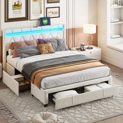 Bed 160x200 met 4 Lades – Beige Linnen Bed met LED & USB