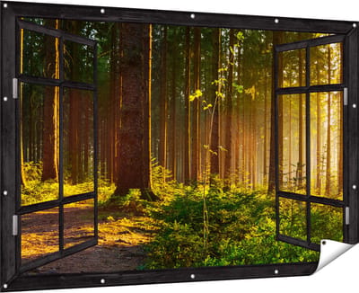 Gards Tuinposter Doorkijk Bos met Zon tussen de Bomen - 180x120 cm - Tuindoek - Tuindecoratie - Wanddecoratie buiten - Tuinschilderij