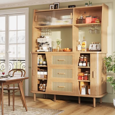 REDOM - Buffetkast met opbergruimte - Glazen schuifdeuren en open vakken - 3 lades met rotanfront - Vintage stijl - Eetkamer - MDF en metaal - Hout - 140 x 40,5 x 174,5 cm