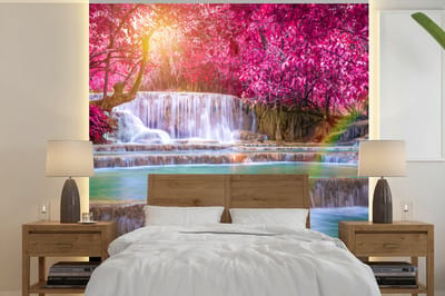 Behang - Fotobehang Waterval - Regenboog - Bomen - Roze - Natuur - Breedte 280 cm x hoogte 280 cm