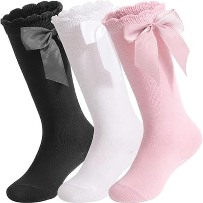 Set van 3 babysokken tot over de knie, lange katoenen kindersokken met strik, blijven goed zitten, antislip, elastisch, maat S (geschikt voor een voetlengte van 12-14 cm voor kinderen van 0-2 jaar), wit, zwart en roze.