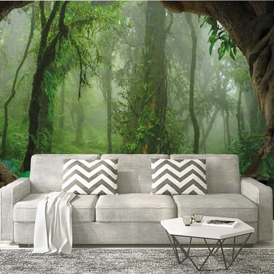 3D behang, Groen fotobehang met jungle motief, Jungle behang in groen, Vliesbehang tropisch regenwoud, BRICOFLOR.nl