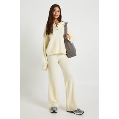 boohoo Dames Met kraag en knoopsluiting oversized gebreide trui en broek met rechte pijpen Co-Ord | Creme | Maat: Medium