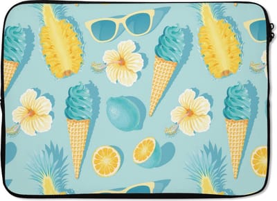 Laptophoes 14 inch - Zomer - Fruit - Bloemen - Blauw - Laptop sleeve - Binnenmaat 33x23 cm - Zwarte achterkant