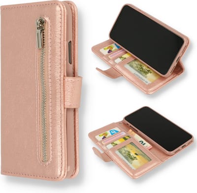 Casemania Hoesje Geschikt voor Apple iPhone 15 Pro - Rosegoud - Luxe Portemonnee Book Case met Rits