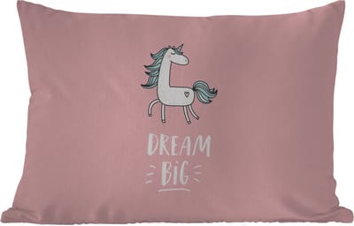 Buitenkussens - Tuin - Eenhoorn - Kinderen - Quotes - Dream big - Meisjes - Roze - 50x30 cm