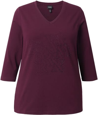 Ulla Popken - Dames - Shirt siersteentjes Classic V-hals 3/4-mouwen - Donkerpruim - Maat 42+