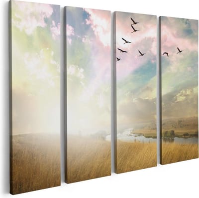 Artaza Canvas Schilderij Vierluik Groep Vogels Vliegen Boven Het Gras - 80x60 - Foto Op Canvas - Canvas Print