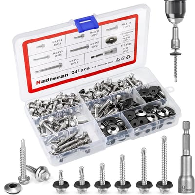 Complete Set van 241 Stuks Zelftappende Schroeven, RVS M4.8, Inclusief Moeren en Wasters voor Plaatstaal en Dakconstructies