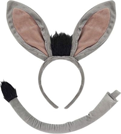 2-delig kostuumset met ezelsoren en staart, grijze hoofdband en lange staart, feestelijke accessoires voor dierenkostuum, perfect voor carnaval en themafeesten
