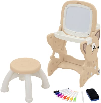Kinderzitgroep 3in1 speeltafel met 2 schoolborden Kinderkrukje en accessoires Wit/bruin Joyz