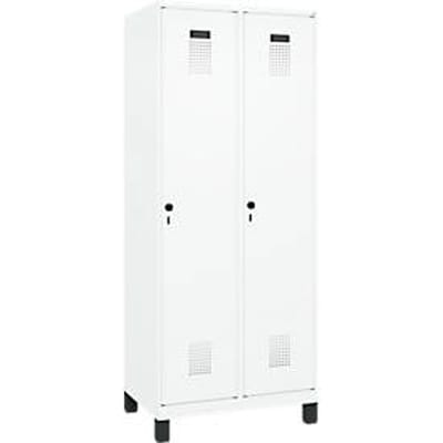 C+P Evolo Plus garderobekast, 2 vakken, 400 mm vakbreedte, met poten, rechts scharnierend, soft-close, inbraakwerend, B 800 x D 500 x H 1950 mm, veiligheidsslot met draaigrendel, verkeerswit RAL 9016/ verkeerswit RAL 9016