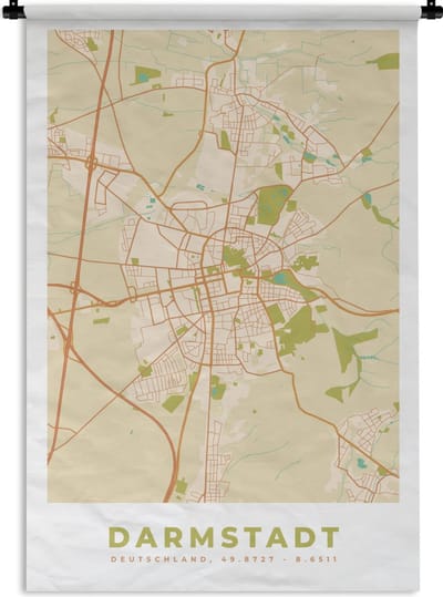 Wandkleed - Wanddoek - Darmstadt - Plattegrond - Kaart - Vintage - Stadskaart - 120x180 cm - Wandtapijt