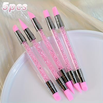 5 stuks Dubbelzijdige Strass Nagellak Siliconen Boetseerpennen voor 3D Bloemen Uitsnijden, Doe-het-zelf Nagellak Stempelkwasten voor Nagellak Creaties pink
