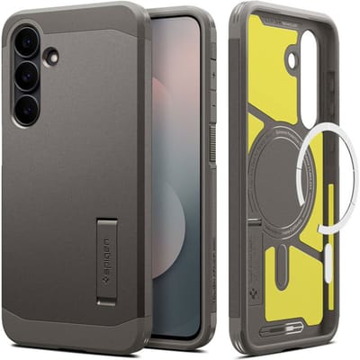 Spigen Tough Armor Hoesje Geschikt voor Samsung Galaxy S25 FE | Compatibel met MagSafe / Qi2 | Back Cover Militaire Standaard | Kickstand | Gunmetal