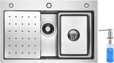 CECIPA max - Spoelbak Keuken 70×45 CM - Met Zeepdispenser 300ML - Multifunctionele Spoelbak XL - Gootsteen Roestvrij staal - Wasbak met waterafvoersysteem - Zilver