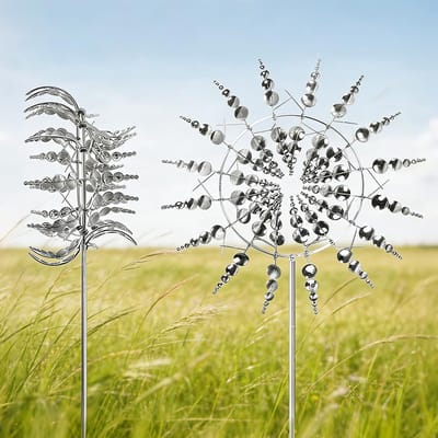 Windmolen van metaal, roestbestendige windmolen voor de tuin, 3D, 360° dubbele rotors, kinetisch windspel voor terras en tuin (zilver)