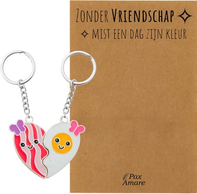 BFF Sleutelhanger voor 2 'Zonder Vriendschap mist een dag zijn kleur' - Magnetisch Hartje Bacon & Ei - Sleutelhanger set op Cadeau Kaartje - Zilverkleurig - Vriendschap Symbool - Pax Amare