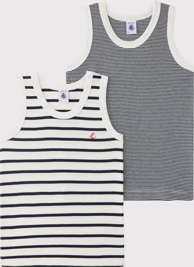Petit Bateau Set van 2 gestreepte jongenshemdjes Jongens Onderhemd - Wit/Blauw + Blauw/Wit