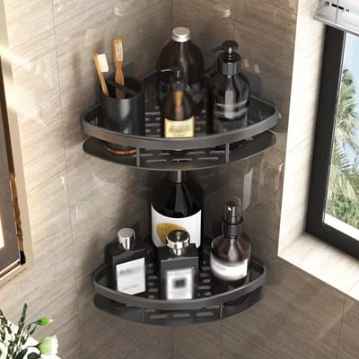 2-delige badkamer- en douche-organizer zonder boren - Meerlaags, robuust hoekrek, ruimtebesparend opbergrek Geschikt voor de badkamer, eenvoudig te installeren Geschikt voor doucheruimtes, keukens en toiletten - (zwart)